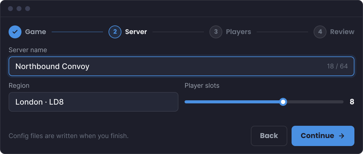 The Horizon setup wizard configuring a American Truck Simulator server: server name, region and player slots