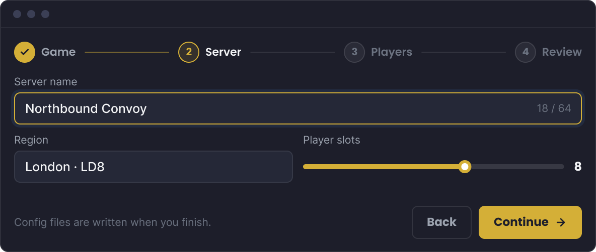 The Horizon setup wizard configuring a Euro Truck Simulator 2 server: server name, region and player slots