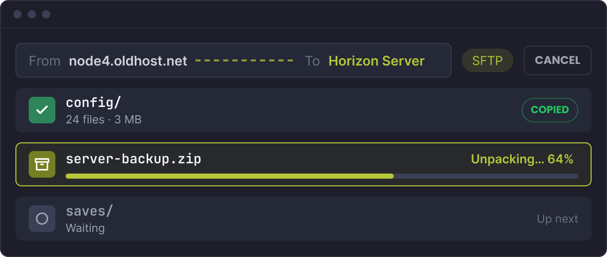 The Horizon server importer copying files from an old host, with a backup zip unpacking at 64%